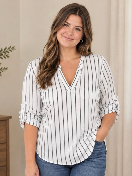 BloomChic Tops - 14-16 bloomchic White Top with Navy Pinstripes V-Neck Roll-Sleeve Blouse